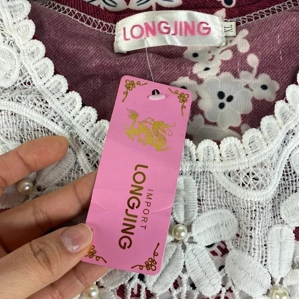 NWT burgundy floral lace print maximalist maxi feminine shift dress medium - Picture 11 of 12